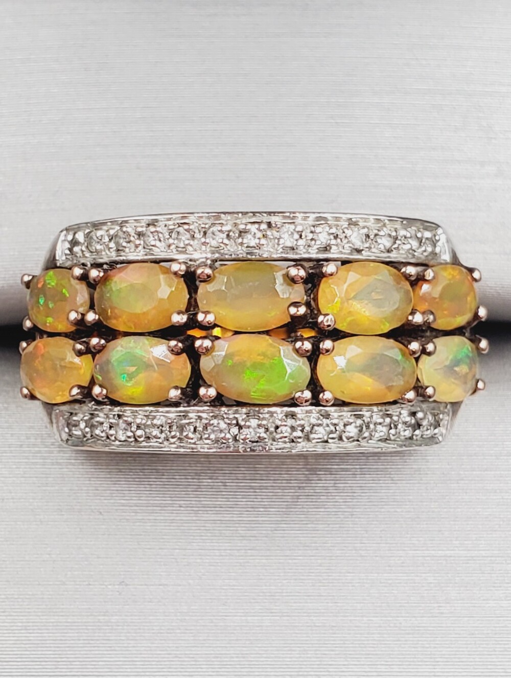 Double Row Genuine Opal Band Ring - Yellow Gold - 925 Sterling Silver